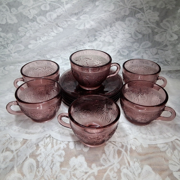 Tiara for Indiana Other - Vintage Tiara Indiana Glass Plum Amethyst Teacup & Saucer 6 Sets Sandwich 1970s
